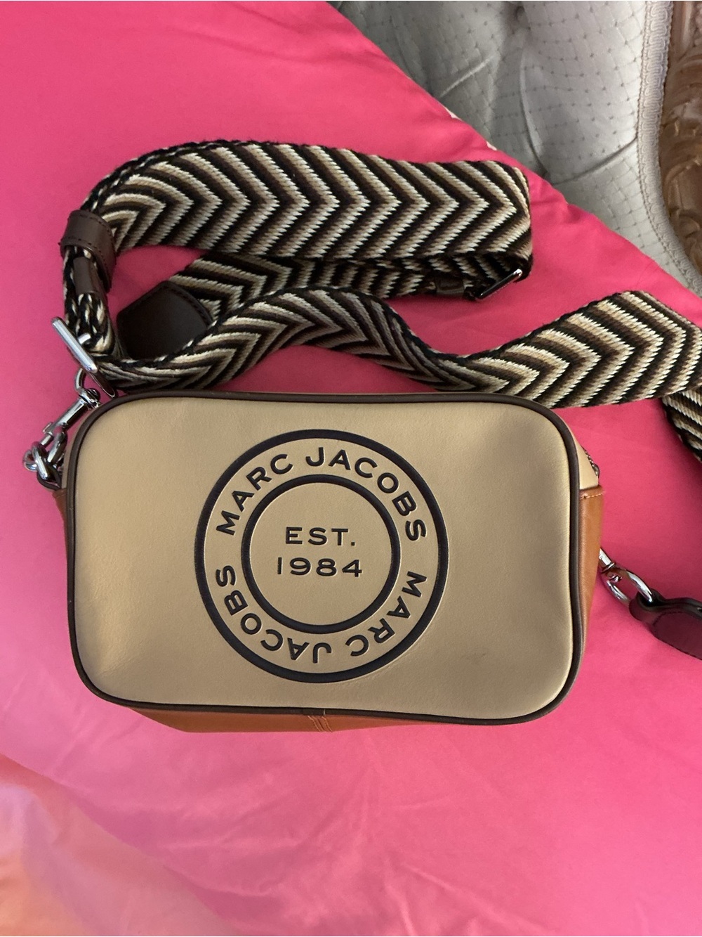 Marc Jacobs Beige and Brown Crossbody Camera Bag with Chevron Strap